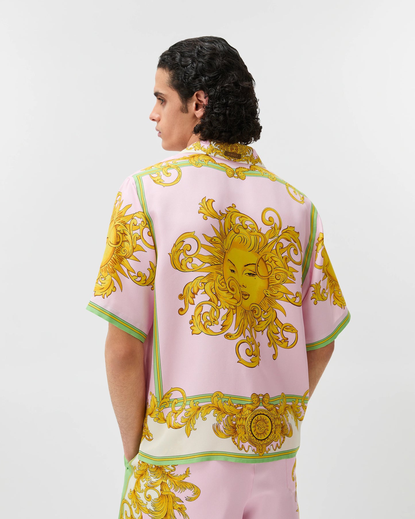 Luxury Pink & Gold Baroque Royal Print Premium Cuban Collar Half Sleeve Casual Shirt for Men | Designer Inspired Ornate Palace Pattern Beach Vacation Resort Button Down Fashion Shirt