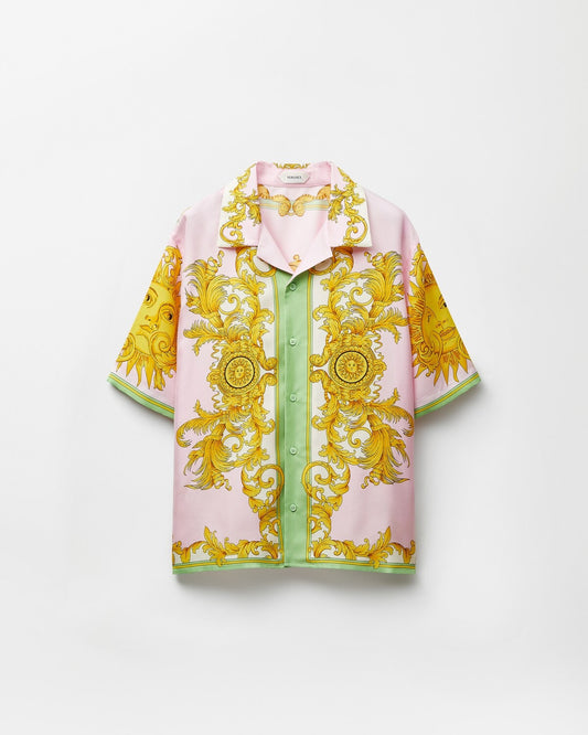 Luxury Pink & Gold Baroque Royal Print Premium Cuban Collar Half Sleeve Casual Shirt for Men | Designer Inspired Ornate Palace Pattern Beach Vacation Resort Button Down Fashion Shirt