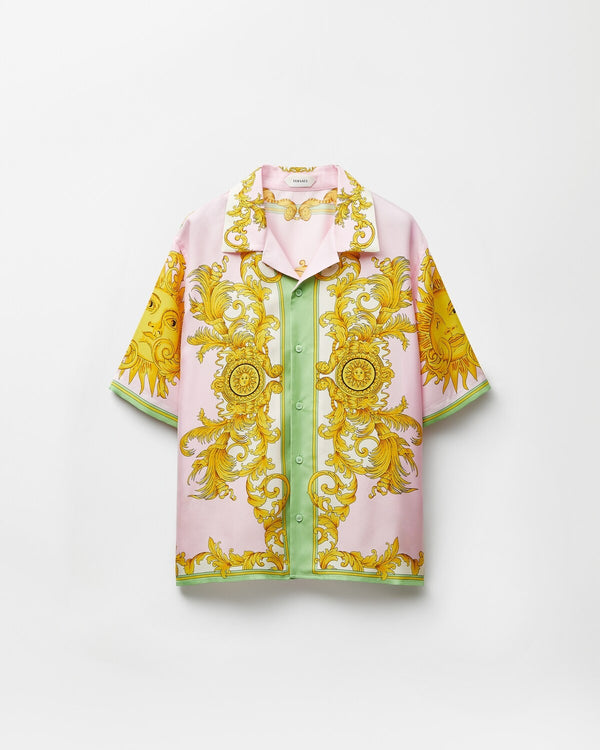 Luxury Pink & Gold Baroque Royal Print Premium Cuban Collar Half Sleeve Casual Shirt for Men | Designer Inspired Ornate Palace Pattern Beach Vacation Resort Button Down Fashion Shirt