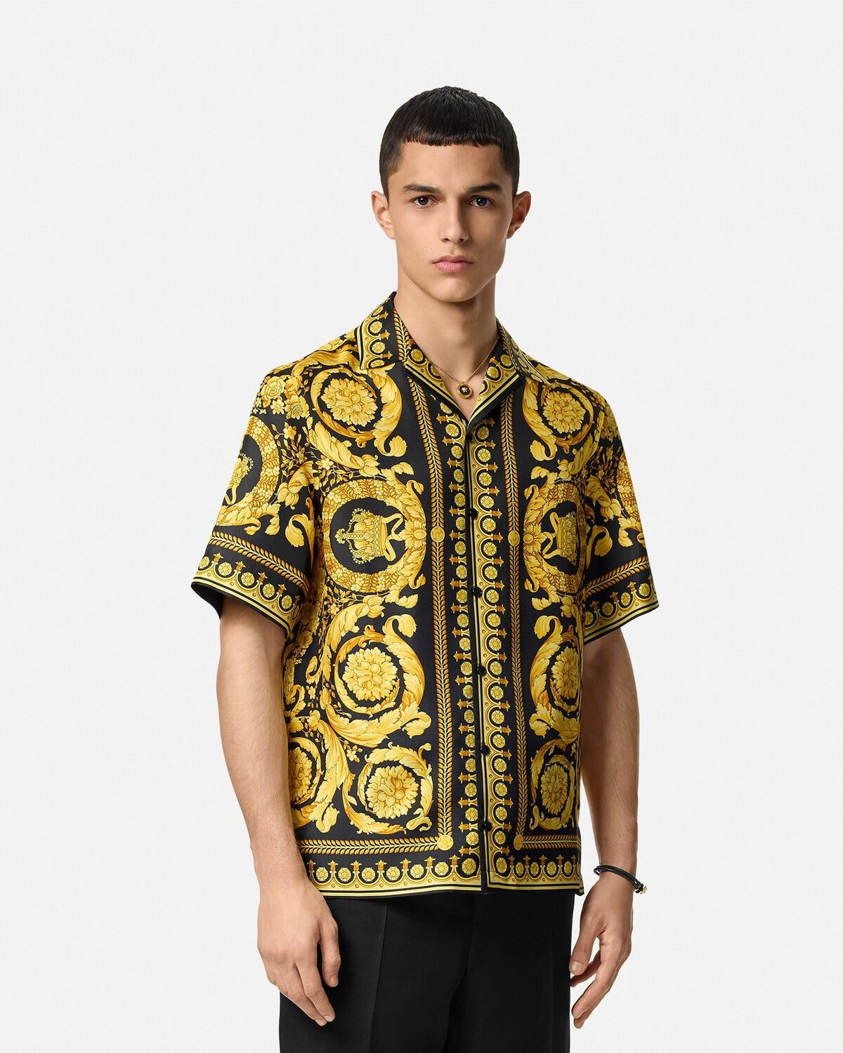 Luxury Black & Gold Royal Baroque Print Premium Cuban Collar Half Sleeve Casual Shirt for Men | Designer Inspired Ornate Palace Pattern Resort Beach Vacation Button Down Statement Fashion Shirt