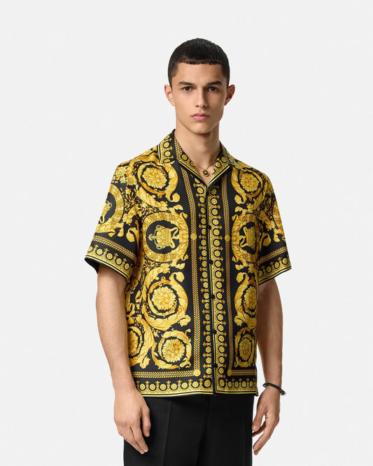 Luxury Black & Gold Royal Baroque Print Premium Cuban Collar Half Sleeve Casual Shirt for Men | Designer Inspired Ornate Palace Pattern Resort Beach Vacation Button Down Statement Fashion Shirt
