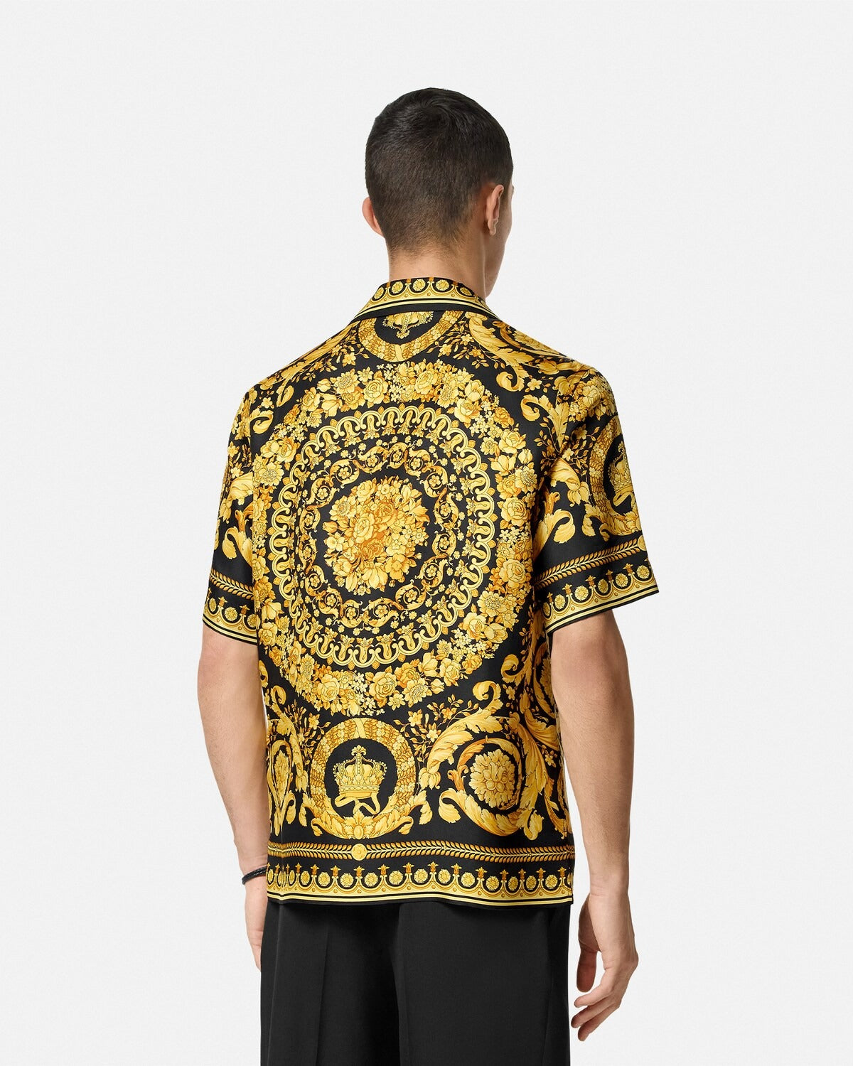 Luxury Black & Gold Royal Baroque Print Premium Cuban Collar Half Sleeve Casual Shirt for Men | Designer Inspired Ornate Palace Pattern Resort Beach Vacation Button Down Statement Fashion Shirt