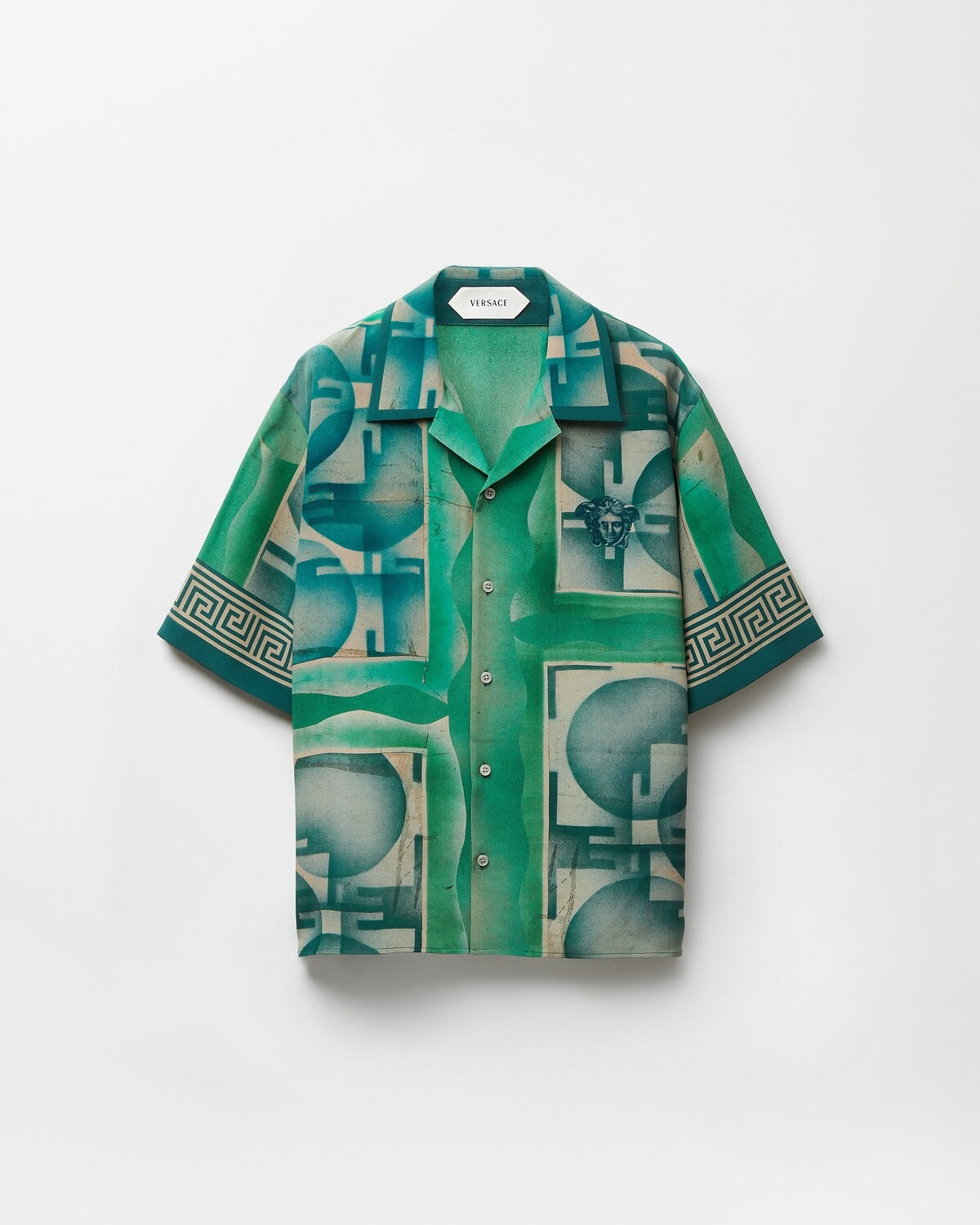 Luxury Green Geometric Abstract Print Premium Cuban Collar Half Sleeve Casual Shirt for Men | Soft Breathable Summer Vacation Beach Resort Button Down Fashion Shirt