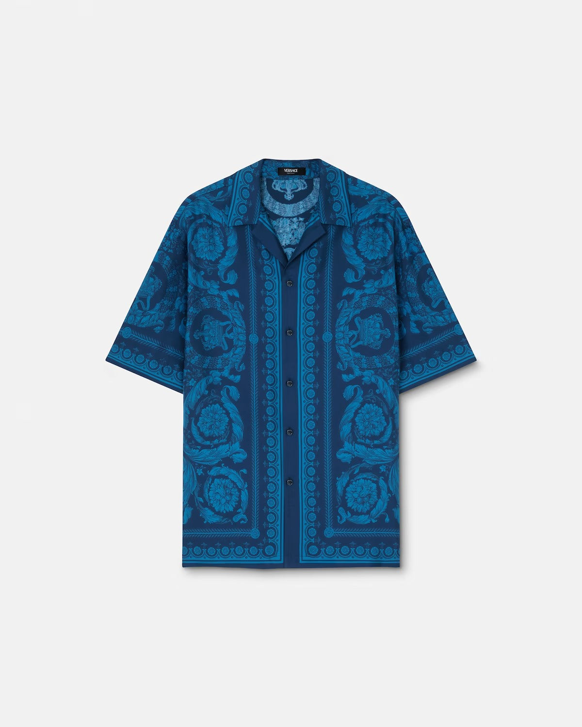 Luxury Royal Blue Baroque Print Premium Cuban Collar Half Sleeve Casual Shirt for Men | Designer Inspired Ornamental Resort Beach Vacation Button Down Statement Fashion Shirt