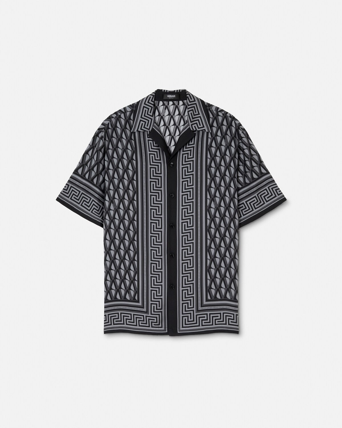 Premium Grey & Black Geometric Greek Key Print Cuban Collar Half Sleeve Casual Shirt for Men | Luxury Designer Inspired Monochrome Resort Beach Vacation Button Down Fashion Shirt