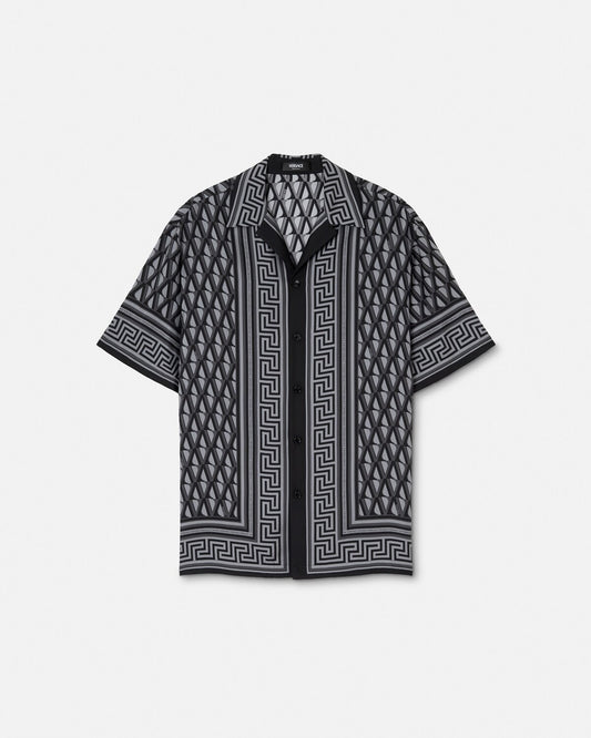Premium Grey & Black Geometric Greek Key Print Cuban Collar Half Sleeve Casual Shirt for Men | Luxury Designer Inspired Monochrome Resort Beach Vacation Button Down Fashion Shirt