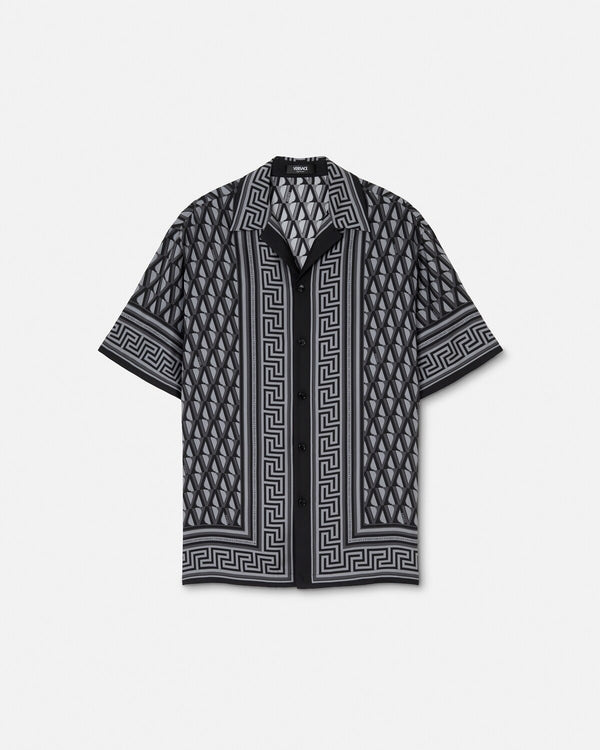 Premium Grey & Black Geometric Greek Key Print Cuban Collar Half Sleeve Casual Shirt for Men | Luxury Designer Inspired Monochrome Resort Beach Vacation Button Down Fashion Shirt