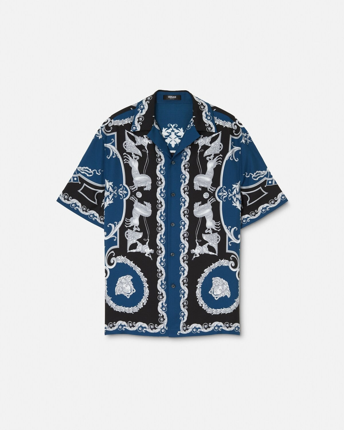 Luxury Navy Blue & Black Baroque Graphic Print Premium Cuban Collar Half Sleeve Casual Shirt for Men | Designer Inspired Royal Ornamental Resort Beach Vacation Button Down Fashion Shirt