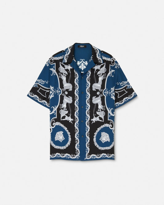 Luxury Navy Blue & Black Baroque Graphic Print Premium Cuban Collar Half Sleeve Casual Shirt for Men | Designer Inspired Royal Ornamental Resort Beach Vacation Button Down Fashion Shirt