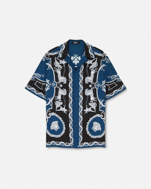 Luxury Navy Blue & Black Baroque Graphic Print Premium Cuban Collar Half Sleeve Casual Shirt for Men | Designer Inspired Royal Ornamental Resort Beach Vacation Button Down Fashion Shirt