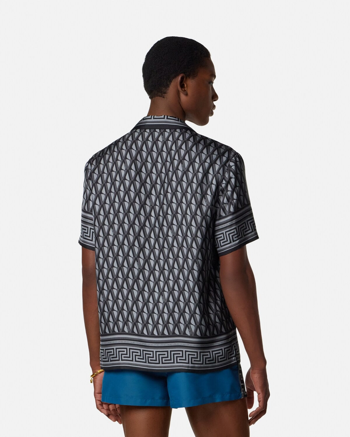 Premium Grey & Black Geometric Greek Key Print Cuban Collar Half Sleeve Casual Shirt for Men | Luxury Designer Inspired Monochrome Resort Beach Vacation Button Down Fashion Shirt