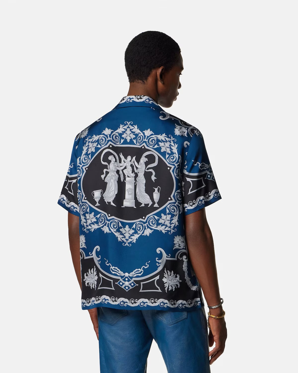 Luxury Navy Blue & Black Baroque Graphic Print Premium Cuban Collar Half Sleeve Casual Shirt for Men | Designer Inspired Royal Ornamental Resort Beach Vacation Button Down Fashion Shirt